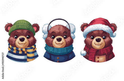 Set of Baby bear dressed in winter outfit scarf, santa hat, earmuffs, beanie