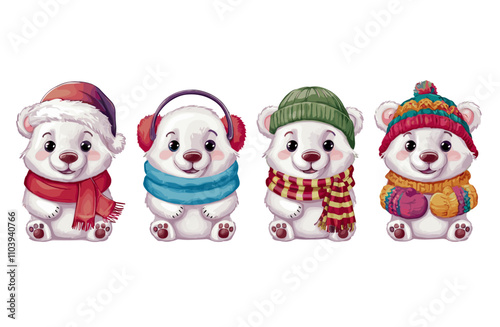 Set of Baby bear dressed in winter outfit scarf, santa hat, earmuffs, beanie