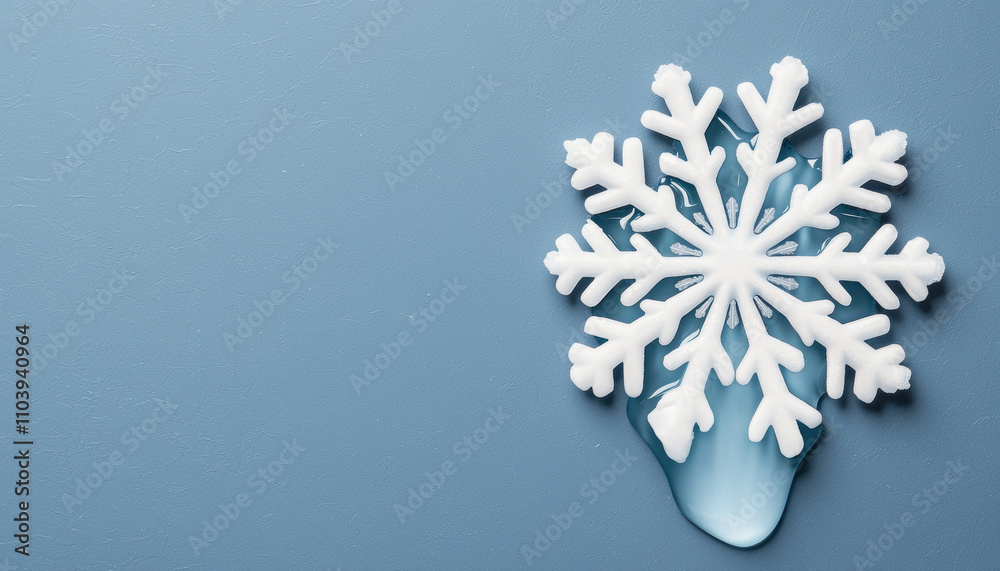 A delicate white snowflake rests on a blue background, with a droplet of water beneath it, highlighting the beauty of winter and the intricacies of nature. A delicate white snowflake rests on a blue background, with a droplet of water beneath it, highlighting the beauty of winter and the intricacies of nature.