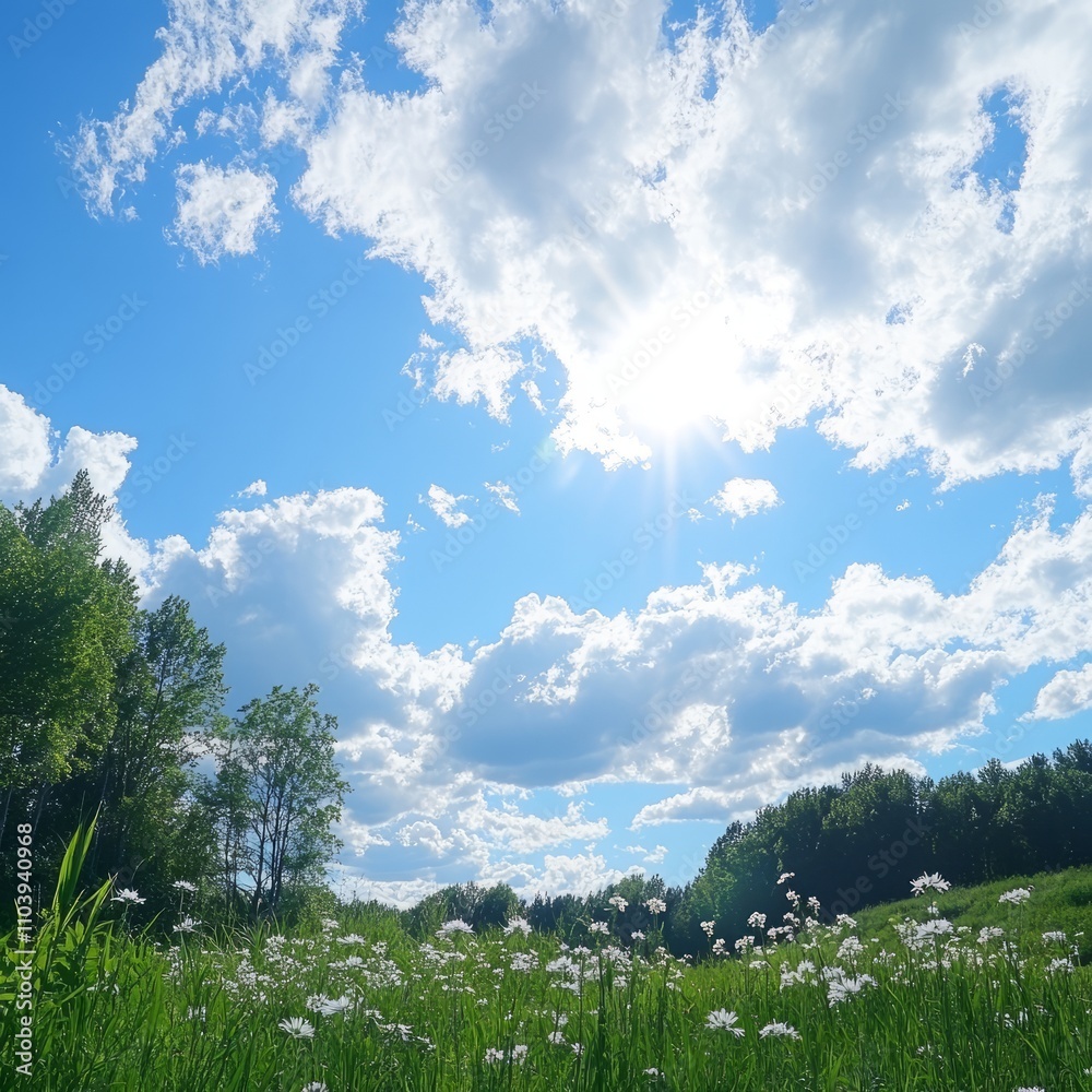 Sunny day, blue sky, fluffy clouds over green field with wildflowers. Sunny day, blue sky, fluffy clouds over green field with wildflowers.