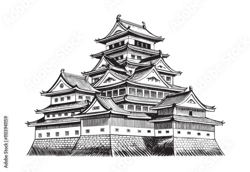 japanese castle sketch hand dawn drawing vector illustration