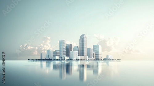 Photo Type: illustration, surreal Subject Focus: Tampa city skyline, marketing items Color Tone: muted tones, clinical whites Setting: clean background, minimalistic Atmosphere: quirky, inventive Text