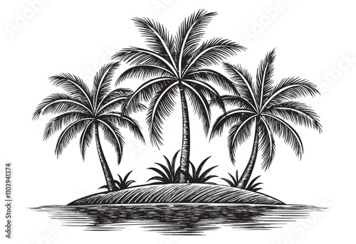 Islands with palms landscape hand dawn drawing vector illustration