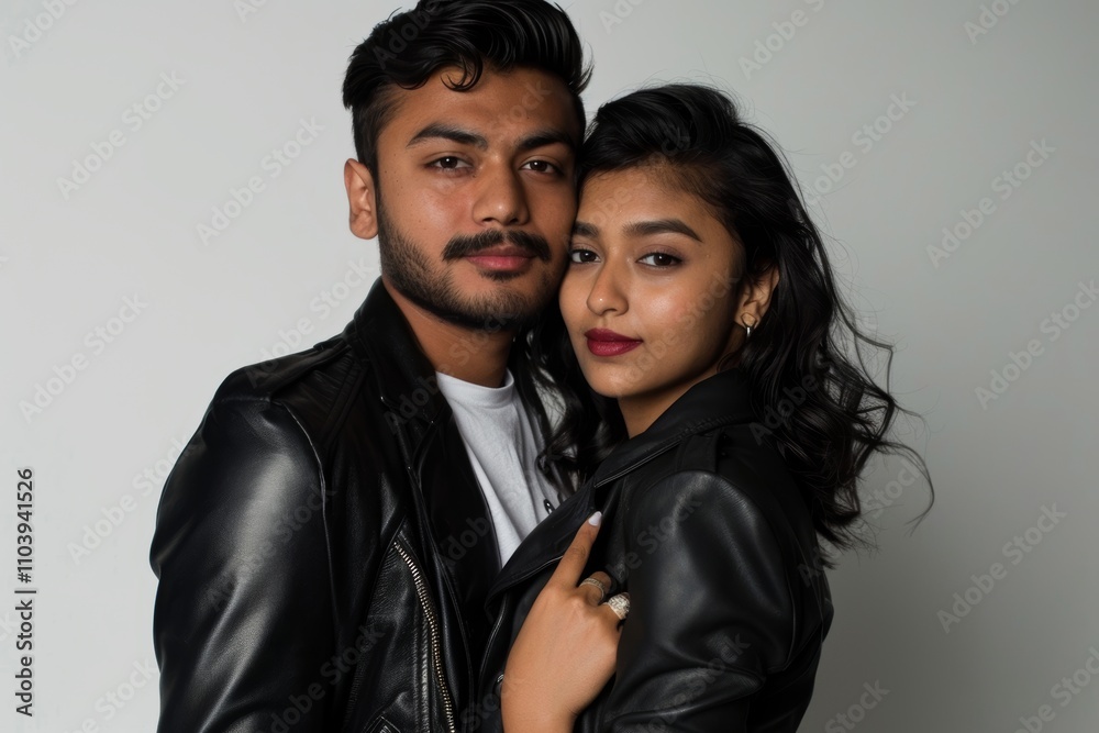 Portrait of a tender indian couple in their 20s sporting a stylish leather blazer while standing against blank studio backdrop Portrait of a tender indian couple in their 20s sporting a stylish leather blazer while standing against blank studio backdrop