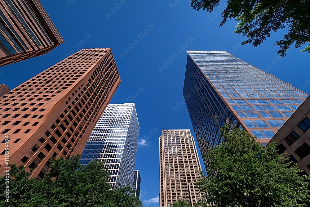 Modern Skyscrapers, Cityscape with Trees and Reflecting Glass Modern Skyscrapers, Cityscape with Trees and Reflecting Glass