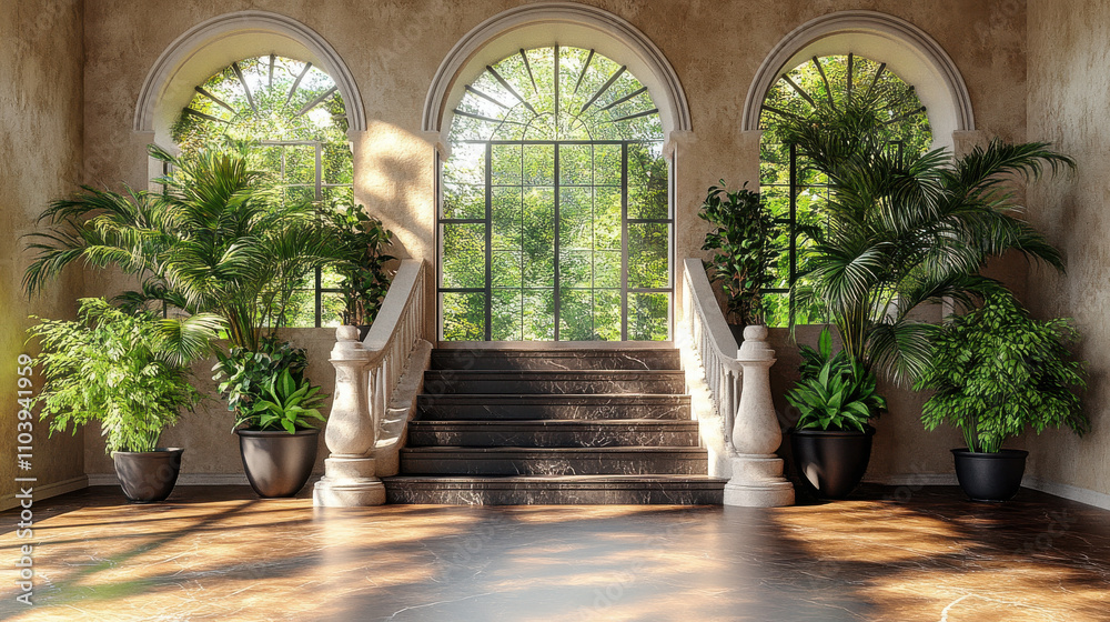 Fototapeta premium bright interior with large arched windows, lush plants, and elegant stairs creates serene atmosphere. natural light enhances beauty of space