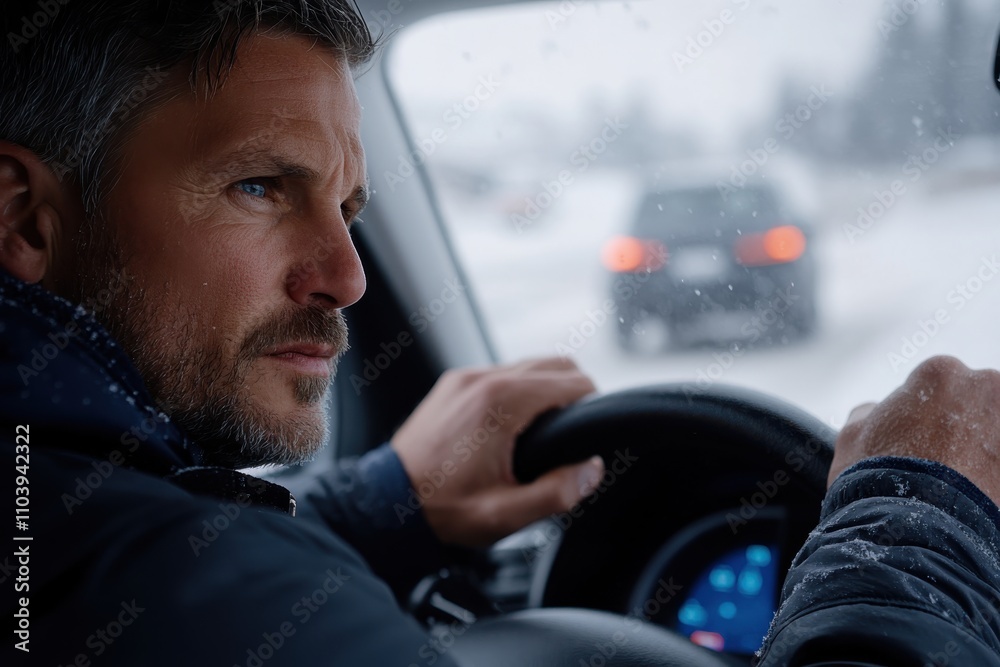 A focused man drives carefully through a snow-covered road, showcasing determination and caution while navigating winter weather conditions in a car. A focused man drives carefully through a snow-covered road, showcasing determination and caution while navigating winter weather conditions in a car.