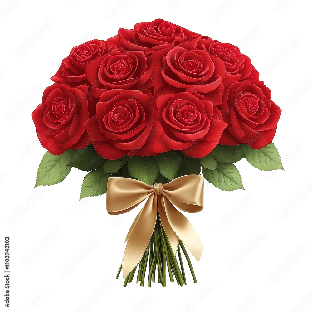 Bouquet of Lush Red Roses tied with Elegant Gold Ribbon, vibrant petals, symbolize love and affection, natural beauty Isolated on white background or PNG Bouquet of Lush Red Roses tied with Elegant Gold Ribbon, vibrant petals, symbolize love and affection, natural beauty Isolated on white background or PNG