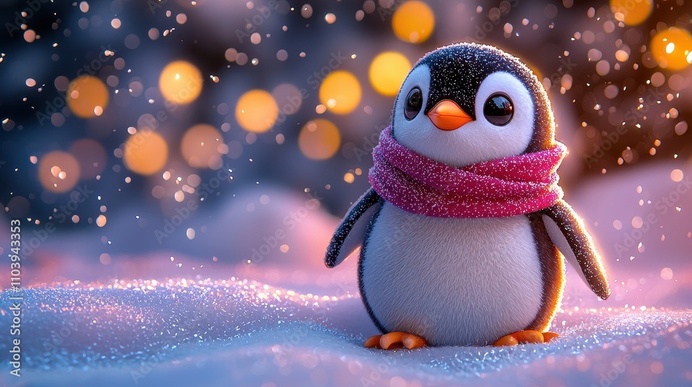Cute Animated Penguin with a Pink Scarf Standing in a Snowy Winter Wonderland Cute Animated Penguin with a Pink Scarf Standing in a Snowy Winter Wonderland