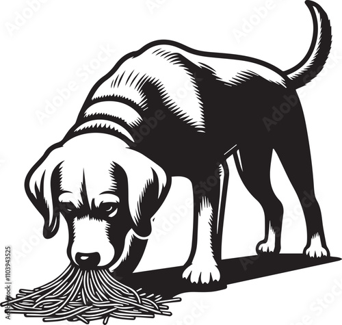Curious Dog Sniffing Out a Treat. A black and white illustration of a dog, likely a Jack Russell Terrier mix, intently sniffing out a pile of spaghetti-like objects.