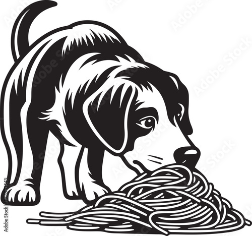 Curious Dog Sniffing Out a Treat. A black and white illustration of a dog, likely a Jack Russell Terrier mix, intently sniffing out a pile of spaghetti-like objects.