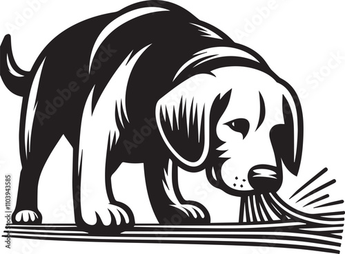 Curious Dog Sniffing Out a Treat. A black and white illustration of a dog, likely a Jack Russell Terrier mix, intently sniffing out a pile of spaghetti-like objects.