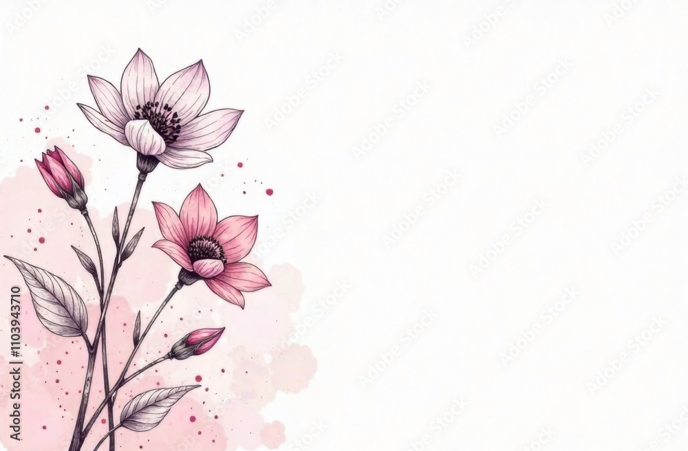 A delicate arrangement of pink and white flowers is illustrated against a light watercolor background, creating a serene atmosphere. Generative AI A delicate arrangement of pink and white flowers is illustrated against a light watercolor background, creating a serene atmosphere. Generative AI