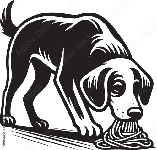 Curious Dog Sniffing Out a Treat. A black and white illustration of a dog, likely a Jack Russell Terrier mix, intently sniffing out a pile of spaghetti-like objects.