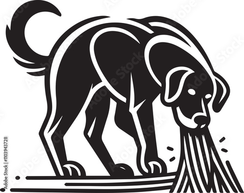 Curious Dog Sniffing Out a Treat. A black and white illustration of a dog, likely a Jack Russell Terrier mix, intently sniffing out a pile of spaghetti-like objects.