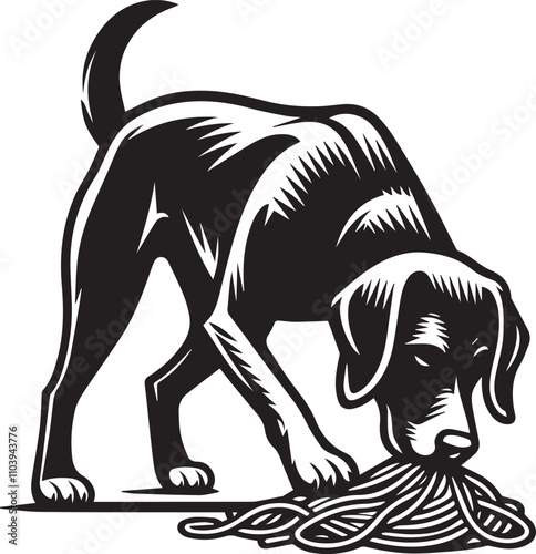 Curious Dog Sniffing Out a Treat. A black and white illustration of a dog, likely a Jack Russell Terrier mix, intently sniffing out a pile of spaghetti-like objects.