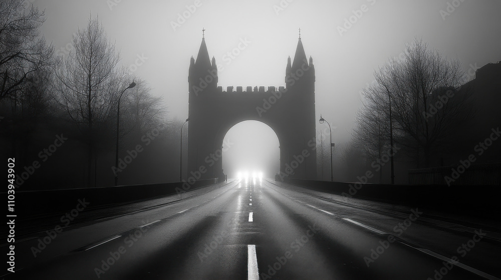 Obraz premium foggy scene featuring silhouette of castle like structure with road leading towards it, creating mysterious atmosphere
