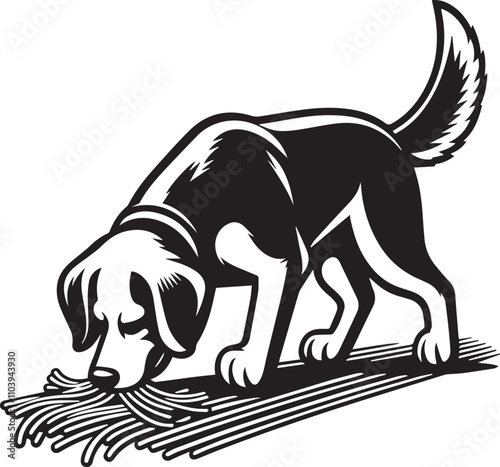 Curious Dog Sniffing Out a Treat. A black and white illustration of a dog, likely a Jack Russell Terrier mix, intently sniffing out a pile of spaghetti-like objects.