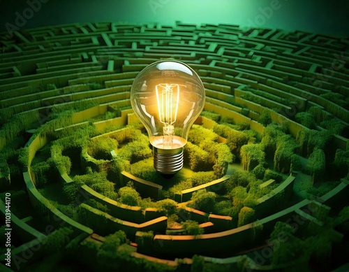 Une ampoule lumineuse au centre d’un labyrinthe vert, symbolisant une idée ou une solution trouvée dans un problème complexe, sur fond blanc.