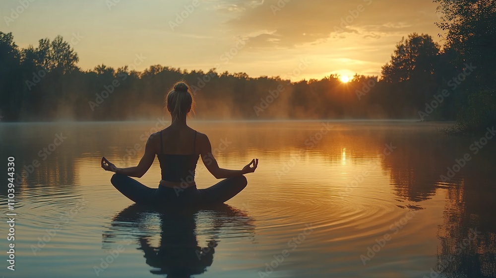 A serene scene of a person meditating on water at sunset, promoting mindfulness and tranquility. A serene scene of a person meditating on water at sunset, promoting mindfulness and tranquility.