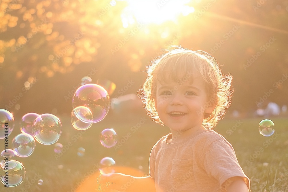 A smiling toddler chasing soap bubbles through a summer park. A smiling toddler chasing soap bubbles through a summer park.