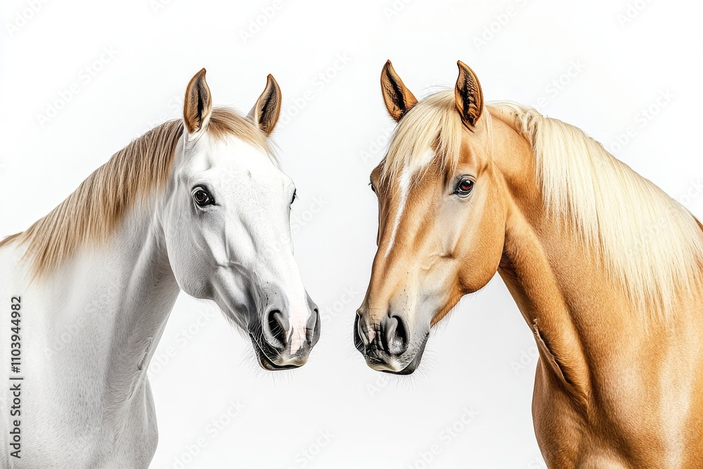 Fototapeta premium Two horses, one white and one golden, are facing each other, showcasing their distinct colors and features against a plain background.