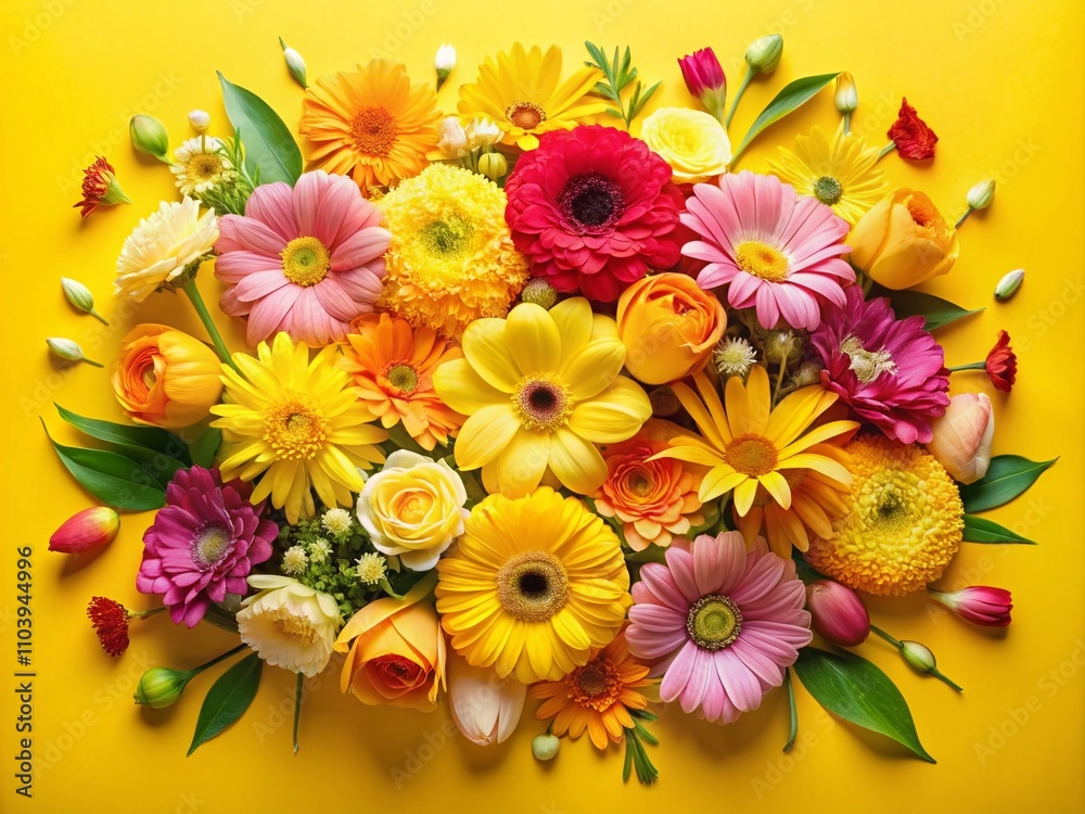 Vibrant Yellow Background with Colorful Flowers in Bloom, Perfectly Composed with Rule of Thirds for a Fresh and Cheerful Aesthetic Ideal for Various Creative Projects Vibrant Yellow Background with Colorful Flowers in Bloom, Perfectly Composed with Rule of Thirds for a Fresh and Cheerful Aesthetic Ideal for Various Creative Projects