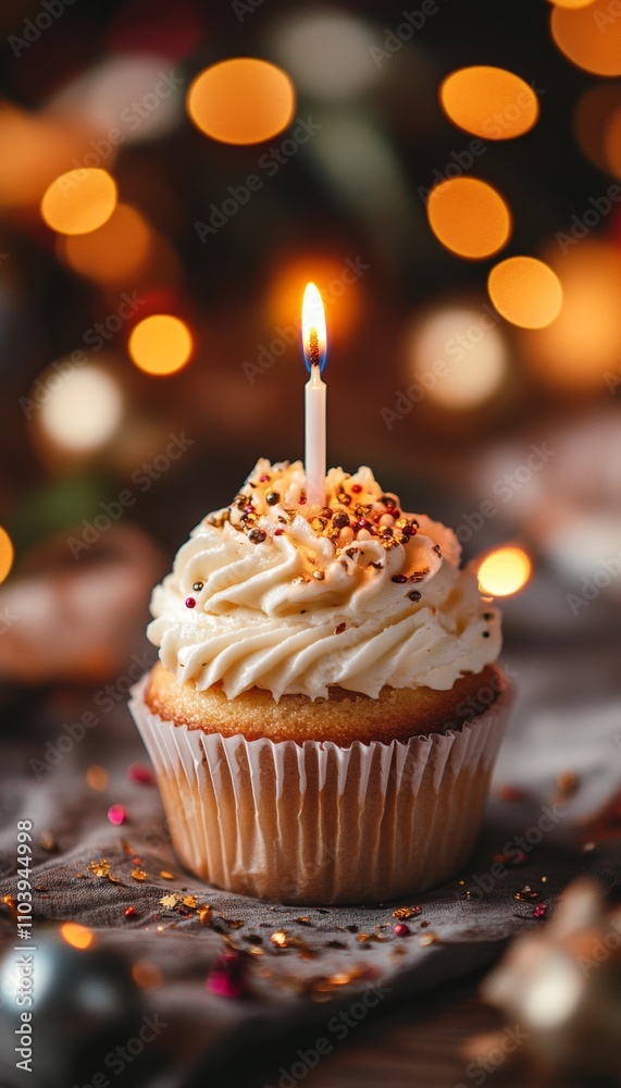 Delightful birthday cupcake topped with a single candle for a special celebration moment Delightful birthday cupcake topped with a single candle for a special celebration moment