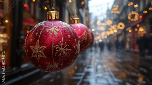 Hanging red baubles with golden stars adorn festive street, creating warm holiday atmosphere. blurred background features twinkling lights and shoppers enjoying season