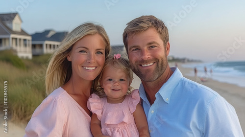 Happy family enjoying beach day, smiling together with their child. warm sunset creates joyful atmosphere, perfect for capturing cherished memories