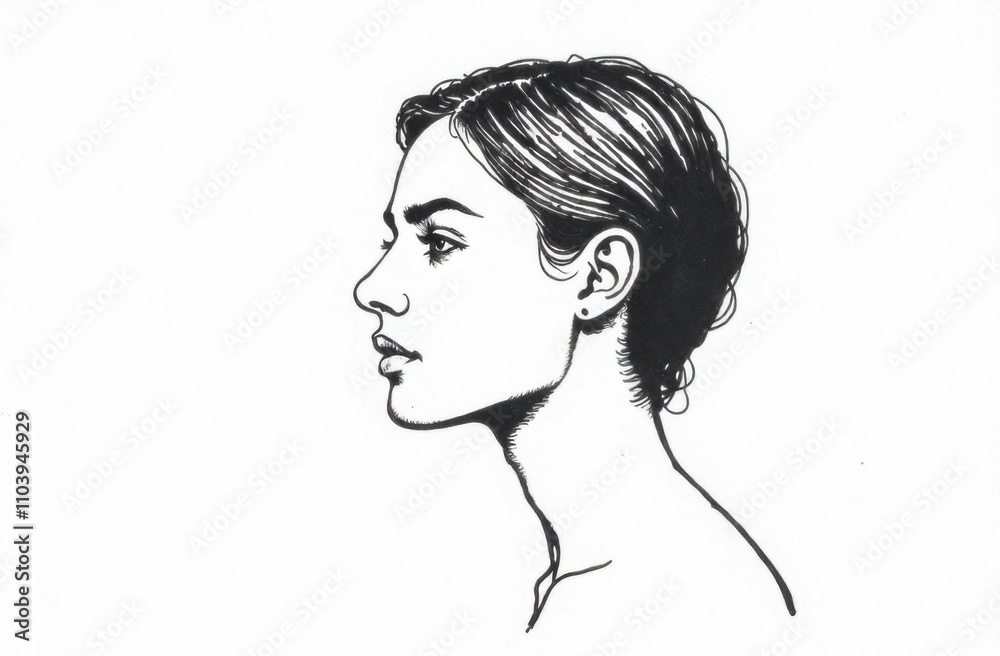 A detailed drawing captures the profile of a woman with wavy hair and an expressive face, conveying calmness and elegance. Generative AI A detailed drawing captures the profile of a woman with wavy hair and an expressive face, conveying calmness and elegance. Generative AI