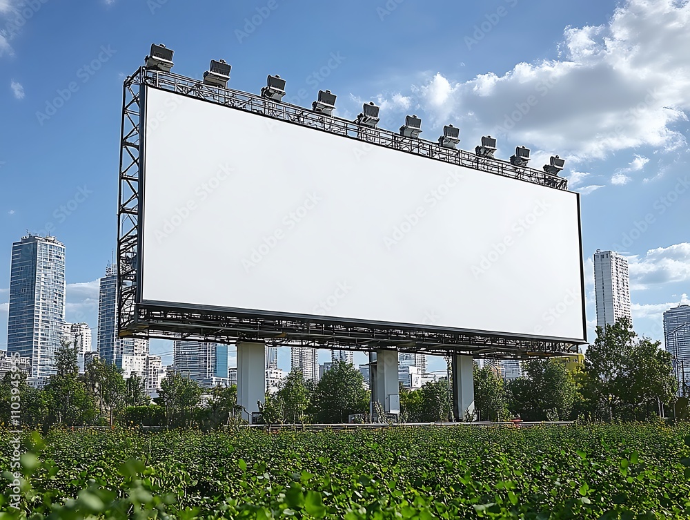 A blank white billboard surrounded by tall modern office buildings in a business district A blank white billboard surrounded by tall modern office buildings in a business district