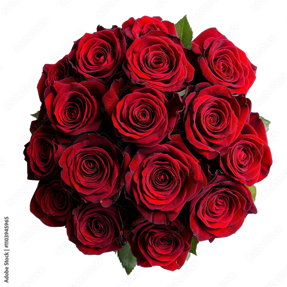 Vibrant red rose bouquet, lush petals, romantic elegance, perfect for celebrations, rich in color and fragrance Isolated on white background or PNG