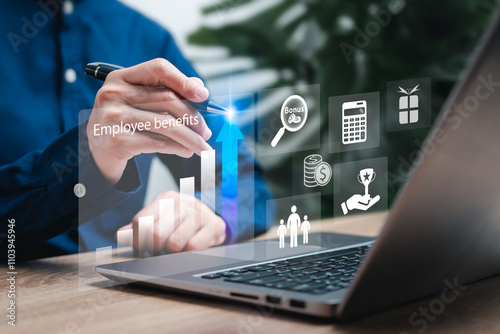 Employee benefits Compensation Strategy concept, Businesswomen benefits grown-up management employee develop long-term strategies, Bonus pay, Indirect, healthcare, insurance, workplace incentives