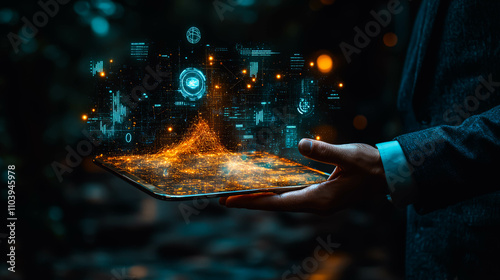 A dynamic holographic display with glowing orange and blue data elements rising from a tablet, symbolizing advanced technology and innovation in data visualization.