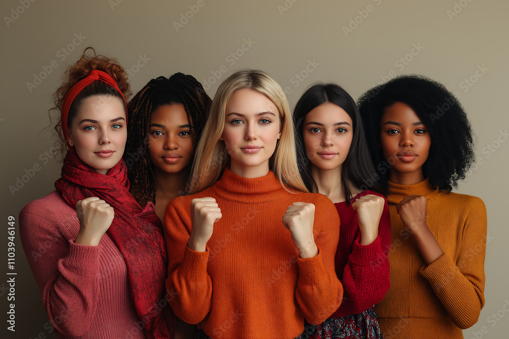 Fototapeta premium group of women doing fist pump, woman day, generative ai