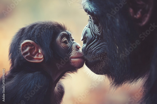 a black monkey kisses his cub. The concept of animal love.