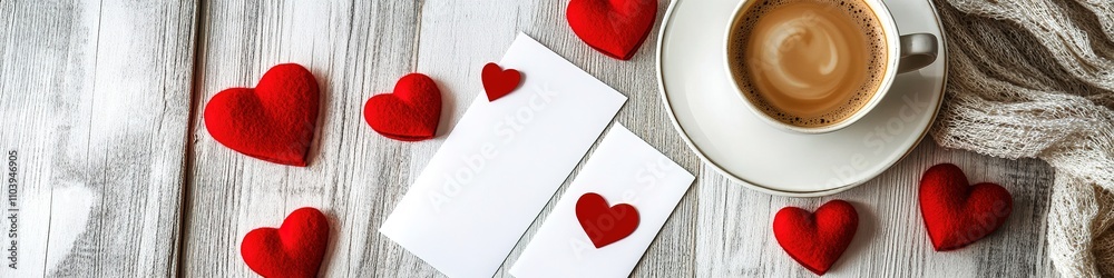 A Romantic Valentine's Day Setup Featuring a Warm Coffee Cup, a Blank Card, and Red Heart Decorations, Creating an Atmosphere Filled with Love and Affection for White Valentine's Day and Qixi Festival A Romantic Valentine's Day Setup Featuring a Warm Coffee Cup, a Blank Card, and Red Heart Decorations, Creating an Atmosphere Filled with Love and Affection for White Valentine's Day and Qixi Festival
