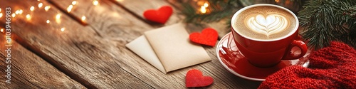 A Romantic Valentine's Day Setup Featuring a Warm Coffee Cup, a Blank Card, and Red Heart Decorations, Creating an Atmosphere Filled with Love and Affection for White Valentine's Day and Qixi Festival photo