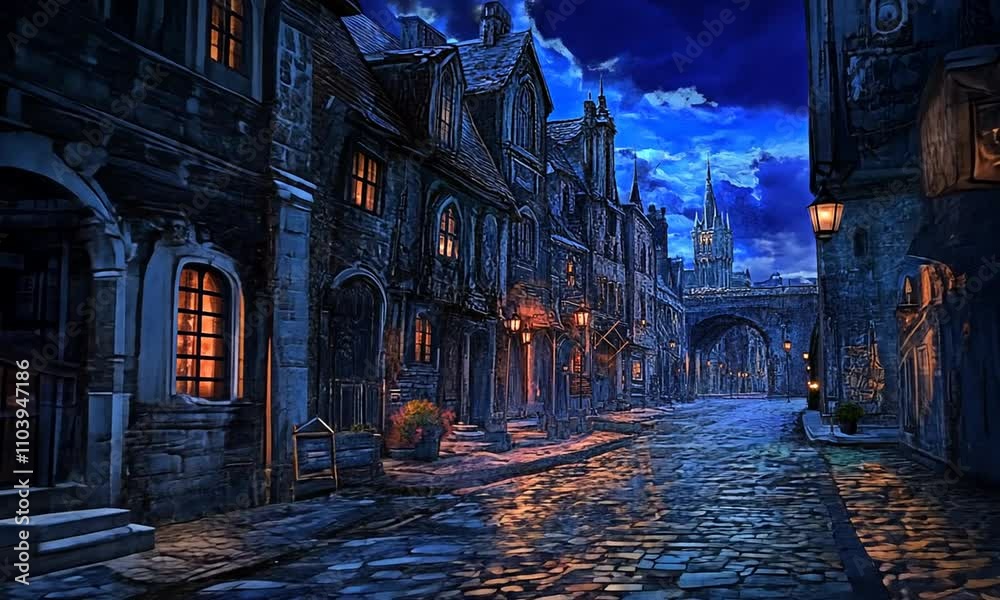 A moonlit cobblestone street in a medieval town, illuminated by glowing windows and gas lamps.