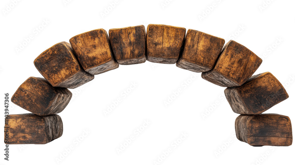 Rustic Wooden Arch Bridge Balanced Timber Blocks Isolated on white background or PNG Rustic Wooden Arch Bridge Balanced Timber Blocks Isolated on white background or PNG