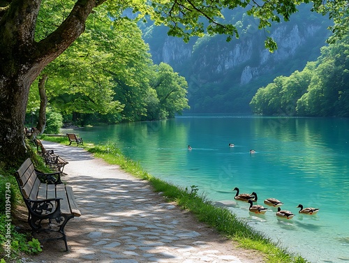 A clean billboard near a scenic lake with ducks swimming and people sitting on benches