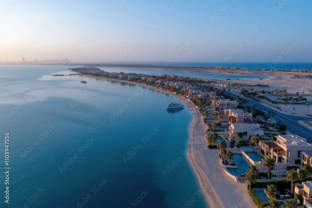 A captivating overhead view of elegant beachfront properties, nestled along the clear turquoise waters, embodying luxury and tranquility in a coastal paradise. A captivating overhead view of elegant beachfront properties, nestled along the clear turquoise waters, embodying luxury and tranquility in a coastal paradise.