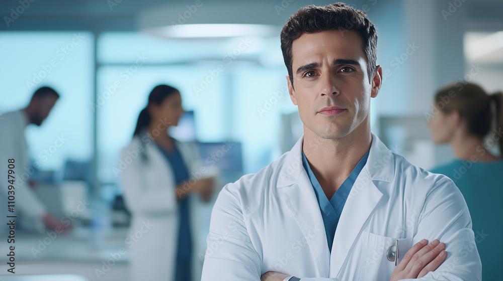 Young Doctor in White Coat in Modern Hospital Setting Young Doctor in White Coat in Modern Hospital Setting