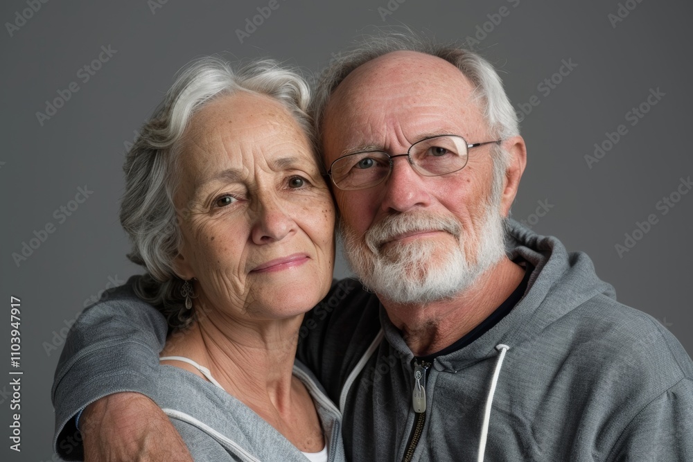 Portrait of a tender couple in their 60s wearing a zip-up fleece hoodie isolated in blank studio backdrop Portrait of a tender couple in their 60s wearing a zip-up fleece hoodie isolated in blank studio backdrop