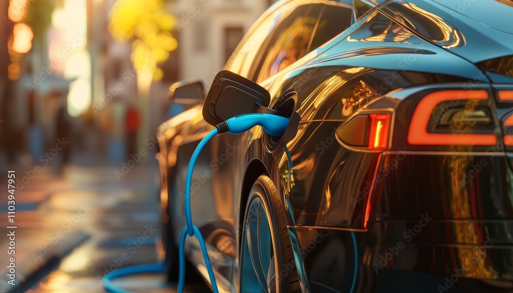 Close up of electric car charging with blue cable, emphasizing green energy and modern technology Close up of electric car charging with blue cable, emphasizing green energy and modern technology