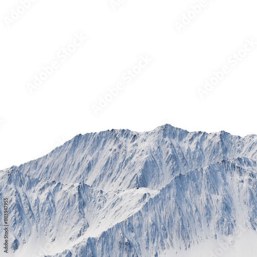 The horizontal landscape of white tall mountain cut out, isolated, transparent background render in 3d
