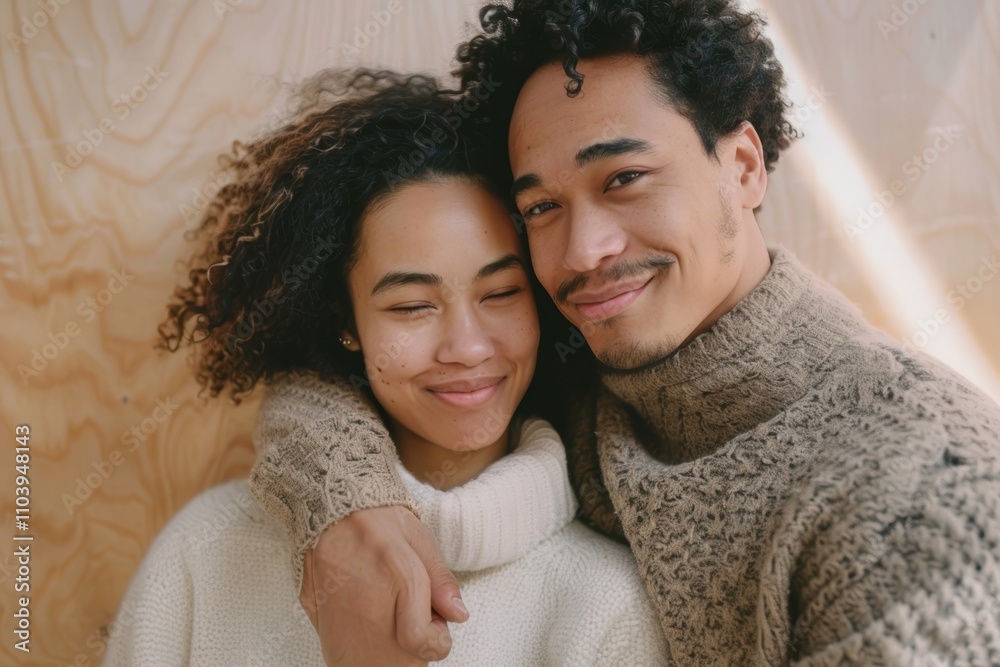 Portrait of a glad mixed race couple in their 30s wearing a thermal fleece pullover in light wood minimalistic setup Portrait of a glad mixed race couple in their 30s wearing a thermal fleece pullover in light wood minimalistic setup