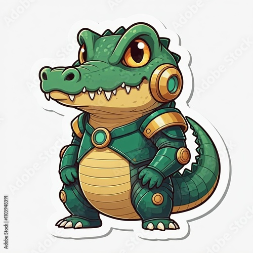 A chibi crocodile superhero with futuristic green and gold armor, glowing sharp teeth, and small but powerful claws. Its exaggerated features, like large eyes and a tiny snout, are designed with a pla