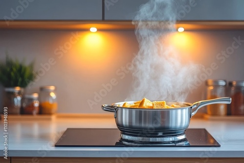  Vapor subiendo de una olla plateada llena de trozos de verduras, colocada en una cocina moderna iluminada.
 photo